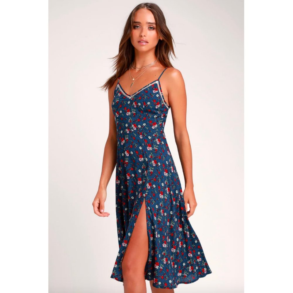 NEW Lulu's Esperanza Navy Blue Floral Print Midi Dress